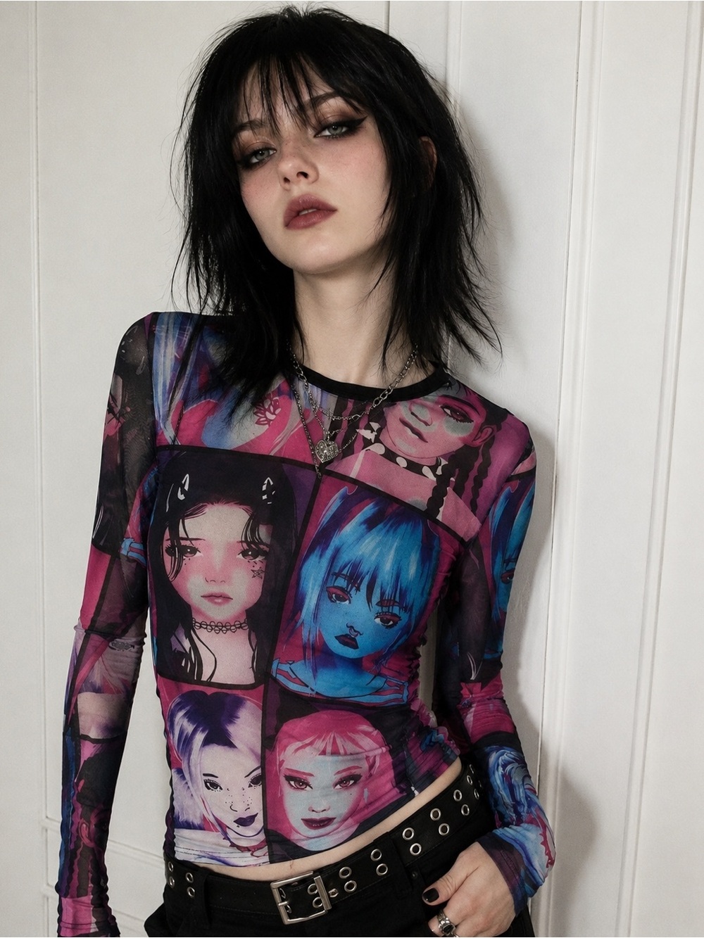 Source Unknown Graphic Mesh Long-Sleeve Top in Pink & Blue